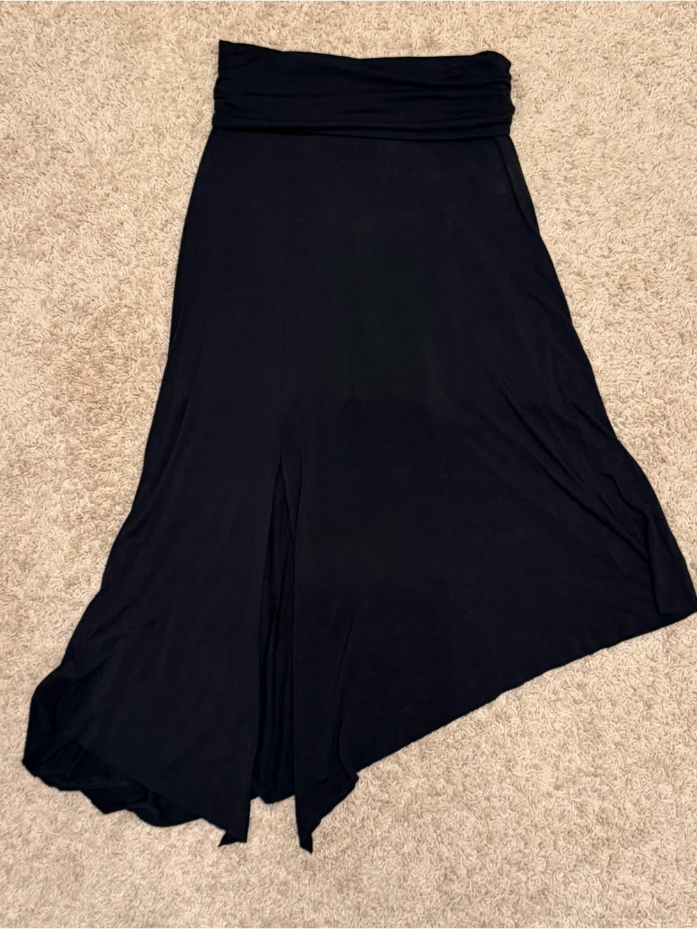 Asymmetrical Black Midi Skirt with Fold-Over Waistband